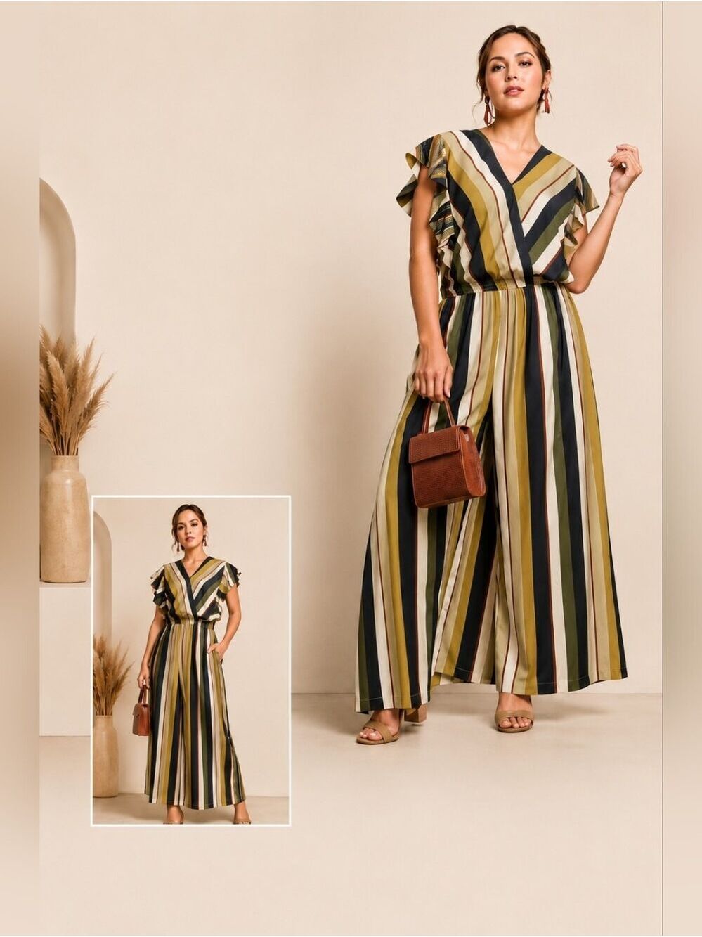 UMGEE - Earth-Toned Pin Stripe Smocked Waist Short Sleeve Jumpsuit